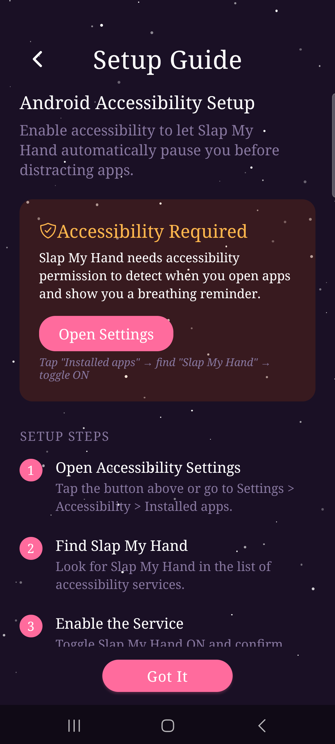 Setup guide screen