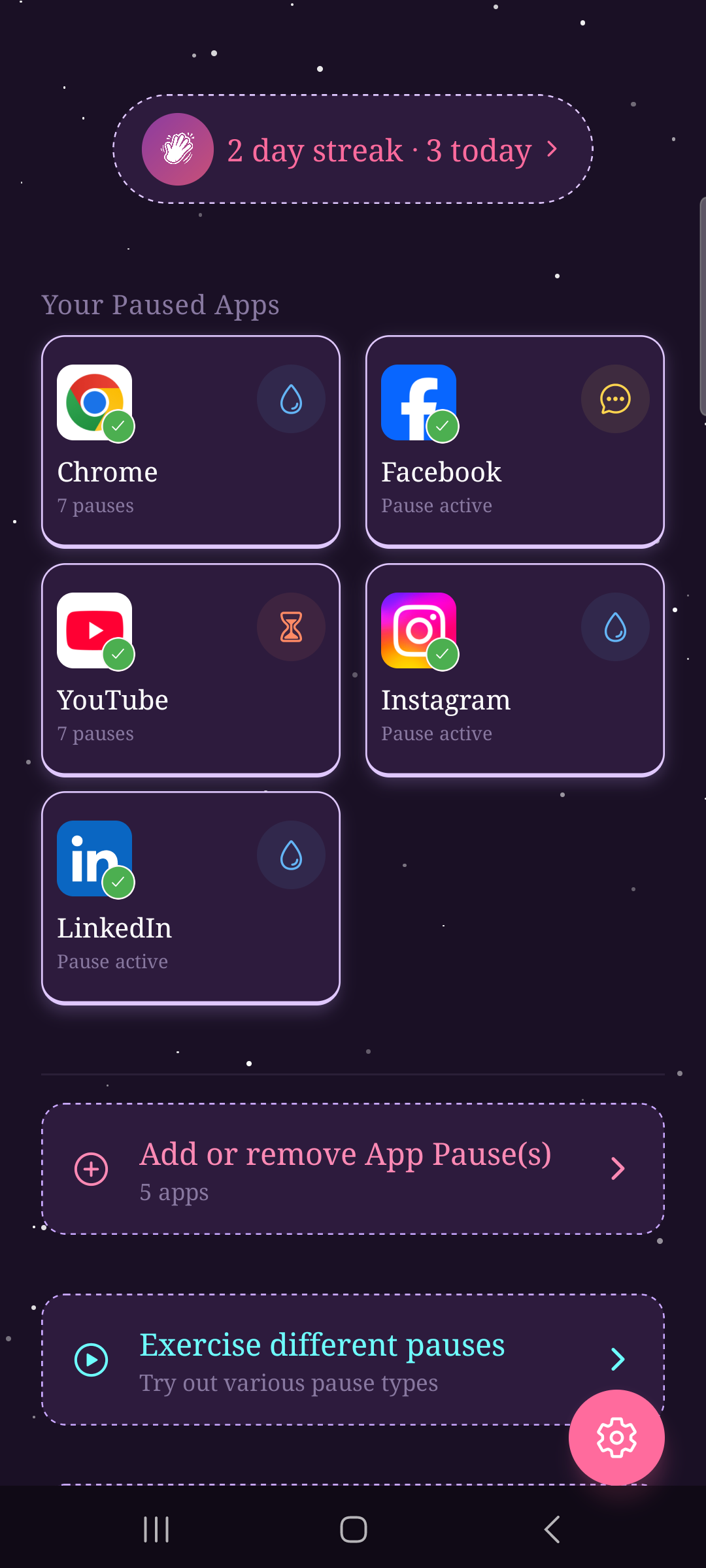 Home screen with pauses active