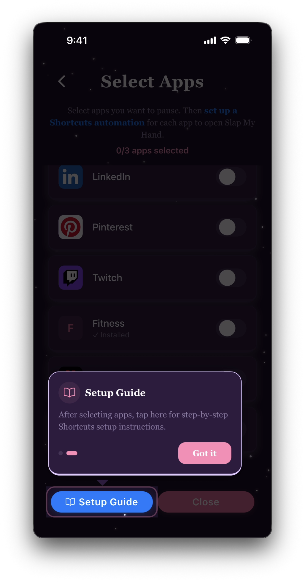 Select Apps screen with Setup Guide button