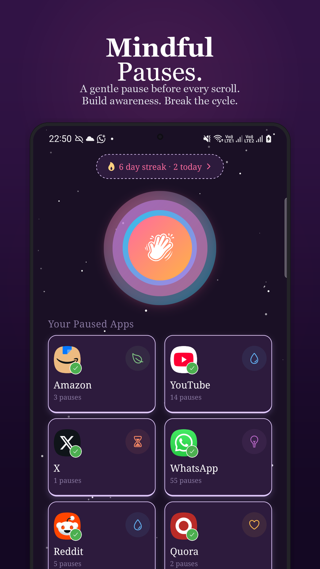 SlapMyHand Home — Mindful Pauses dashboard